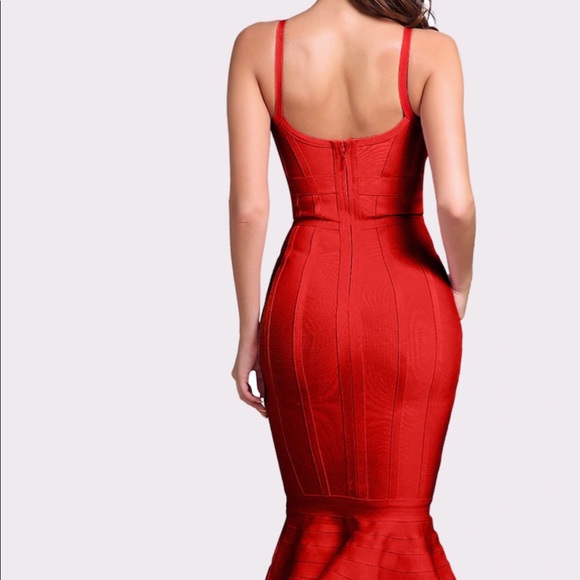 Red Mermaid Hem Bandage Midi Dress - Picture 5 of 7